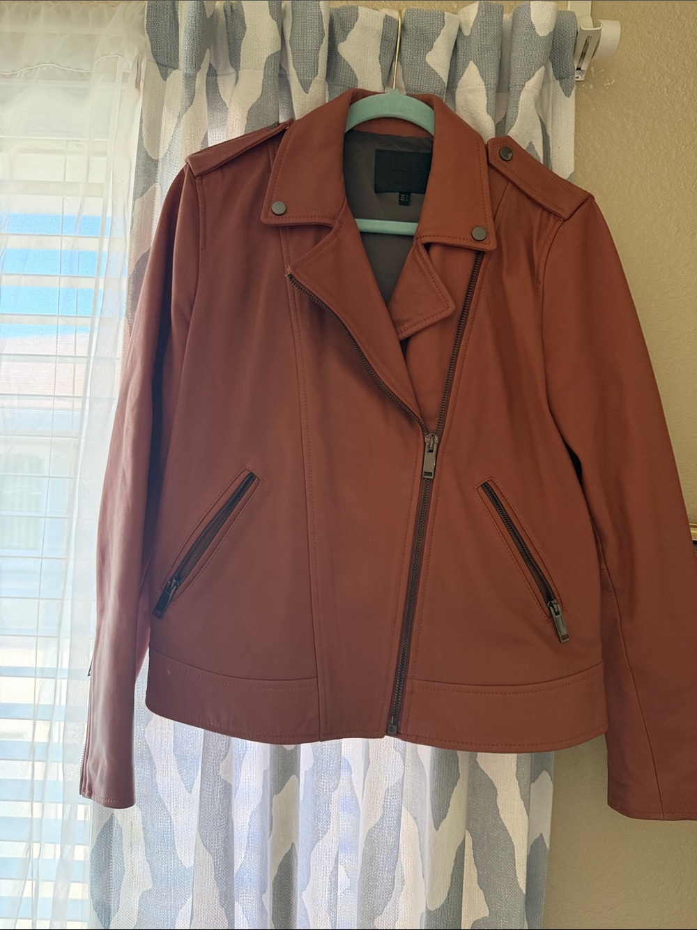 Massimo Dutti Rust Brown Leather Biker Jacket
